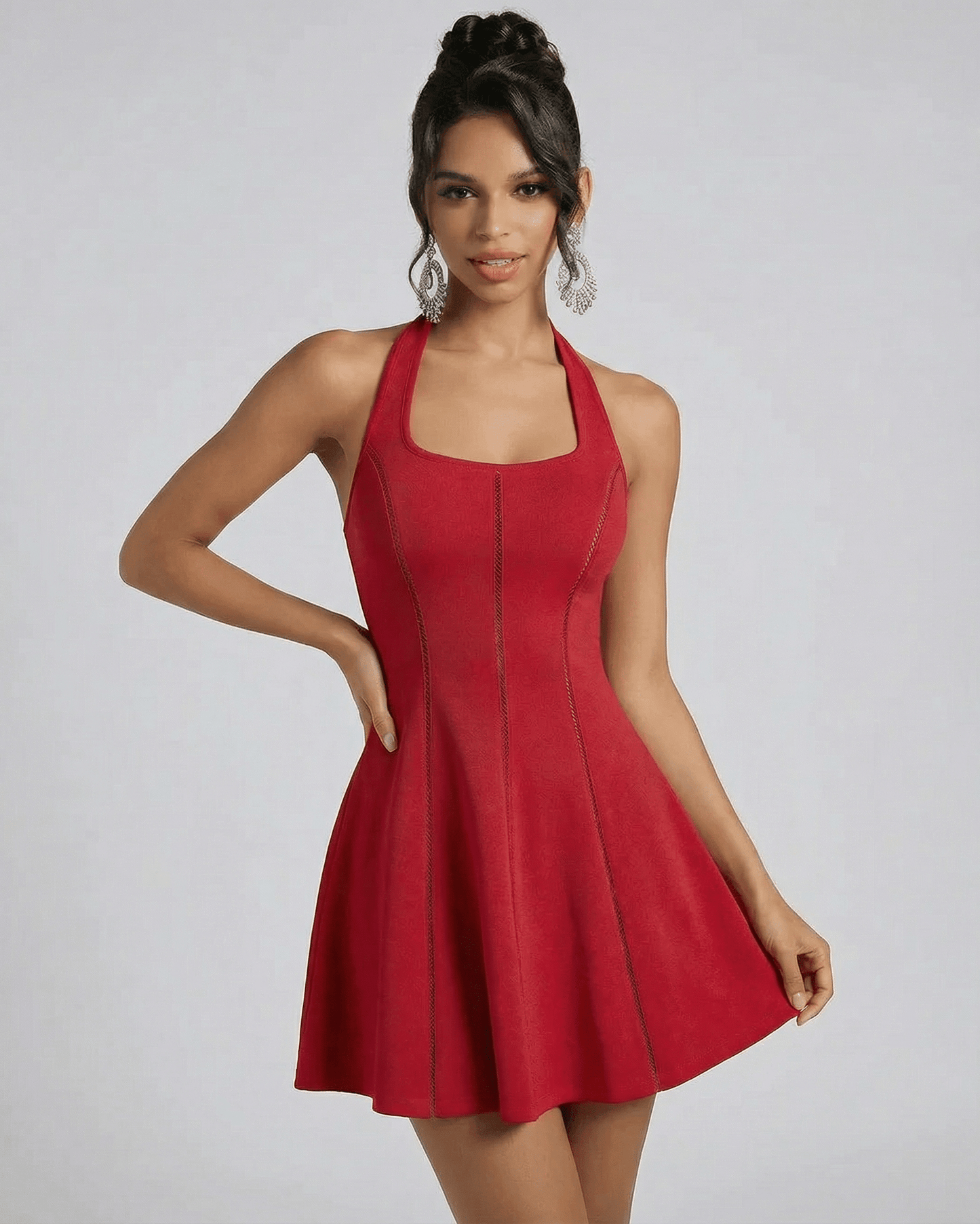 Scarlet Mini Dress by SLIMONA in red with flared silhouette and U-neckline, perfect for special occasions.
