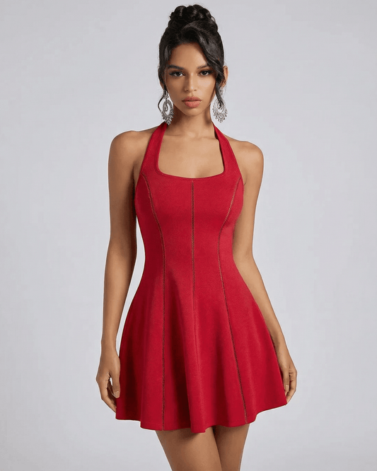 Scarlet Mini Dress by SLIMONA featuring a red flared silhouette and U-neckline, perfect for elevated occasions.