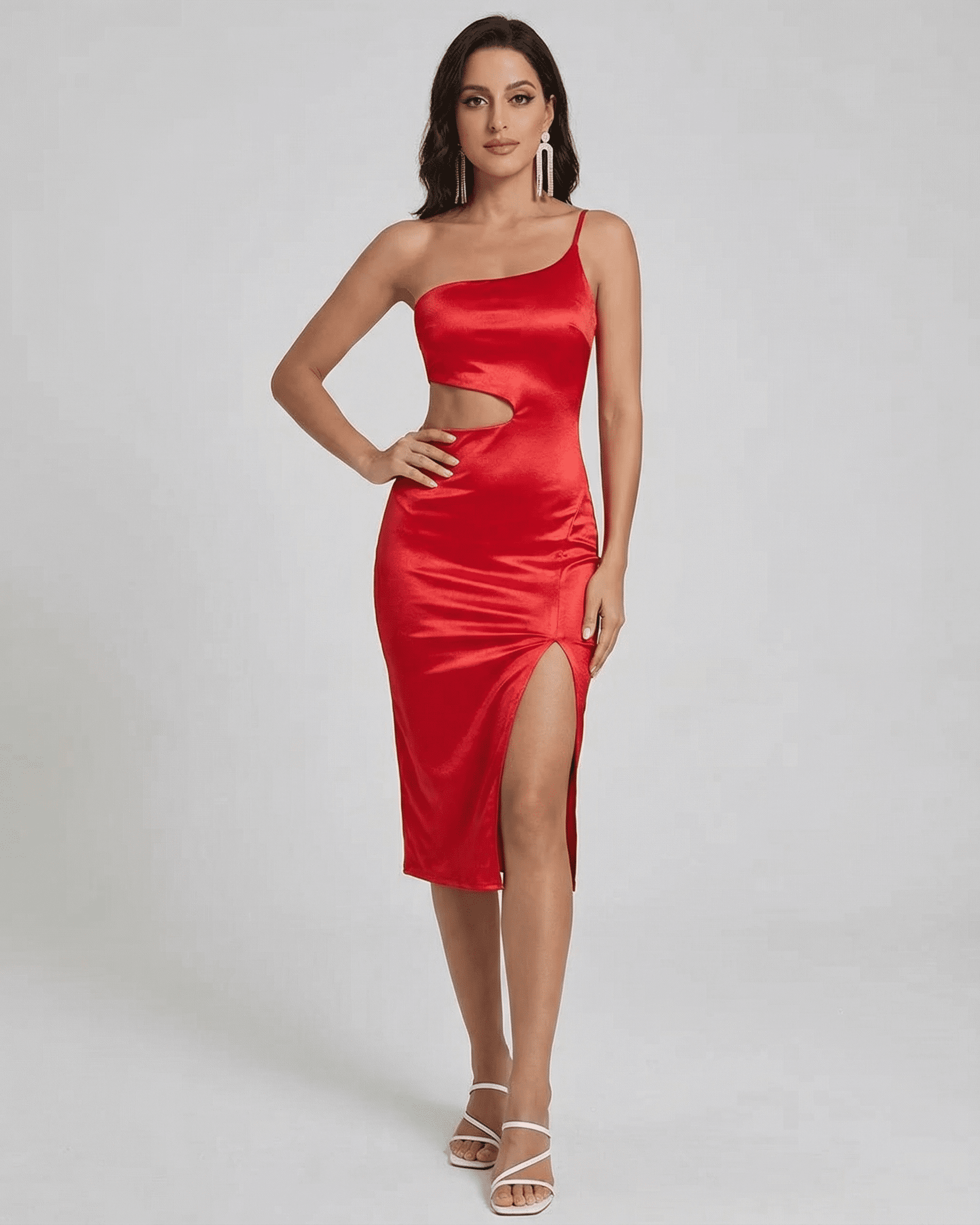 Scarlett Midi Dress by SLIMONA - One-Shoulder Satin Silhouette with Sculpted Cutout in red.