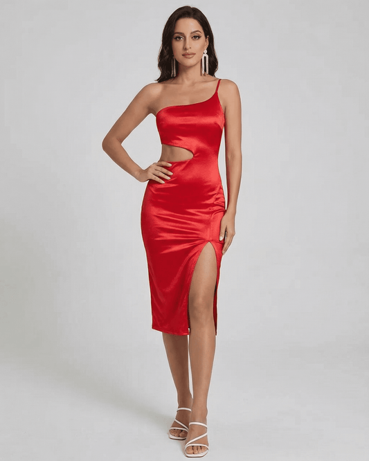 Scarlett Midi Dress by SLIMONA - One-Shoulder Satin Silhouette with Sculpted Cutout in red.