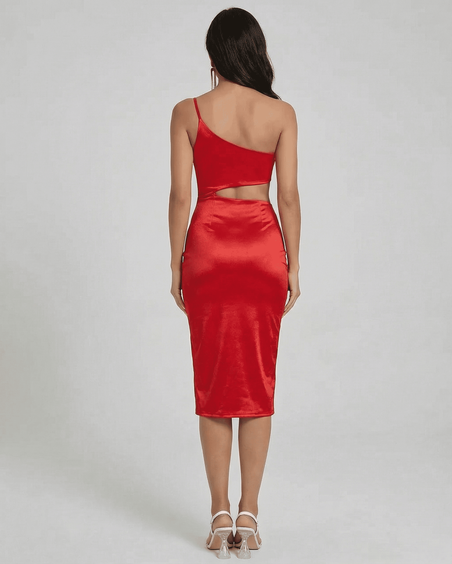 Scarlett Midi Dress by SLIMONA - Back view of a red one-shoulder satin dress with sculpted cutout.