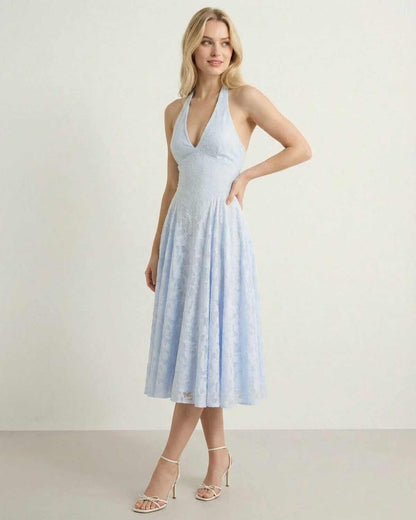 Selene Midi Dress by SLIMONA in soft blue jacquard with elegant A-line silhouette and halter neck design.