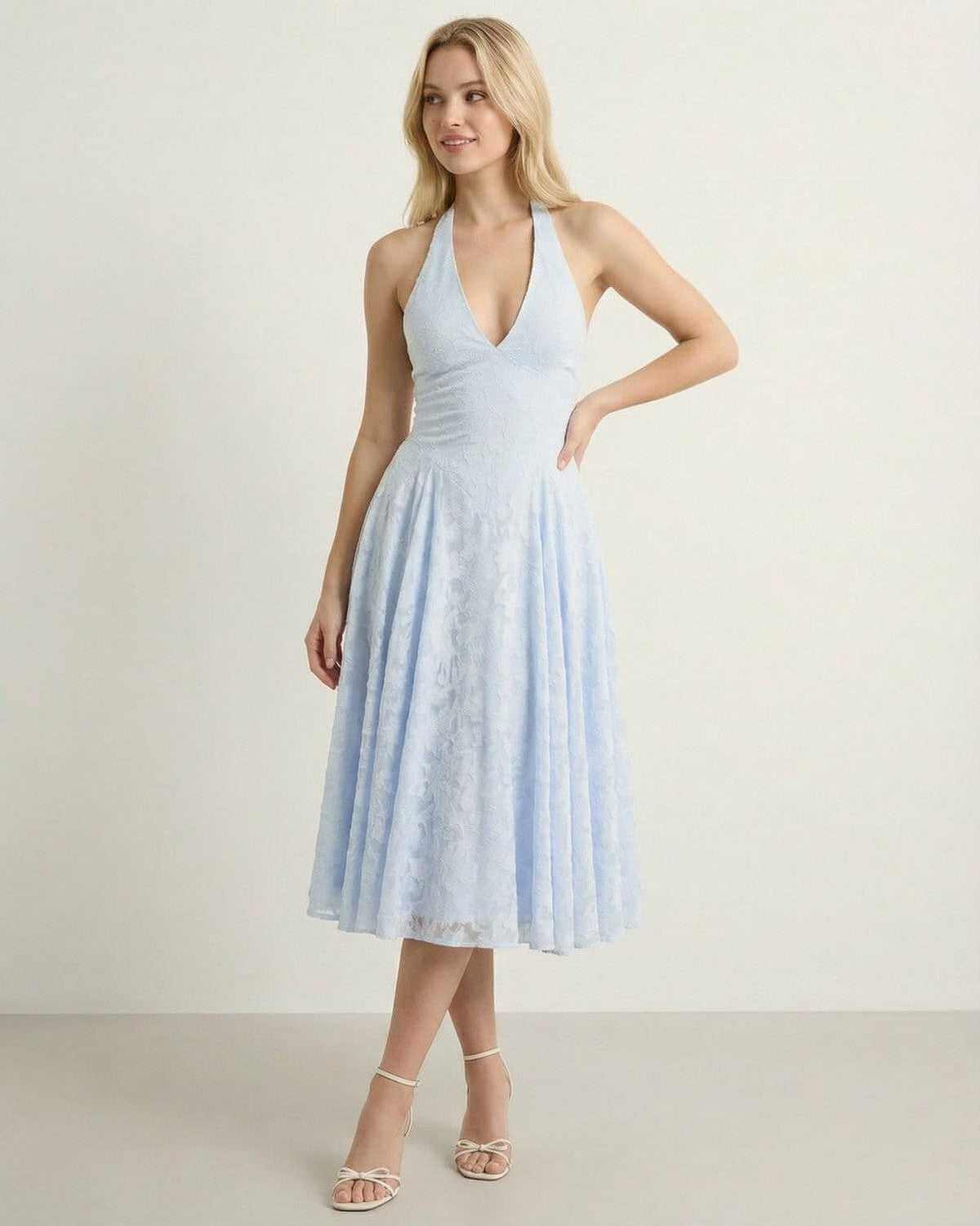 Elegant Selene Midi Dress in soft blue jacquard, showcasing a flattering A-line silhouette by SLIMONA.