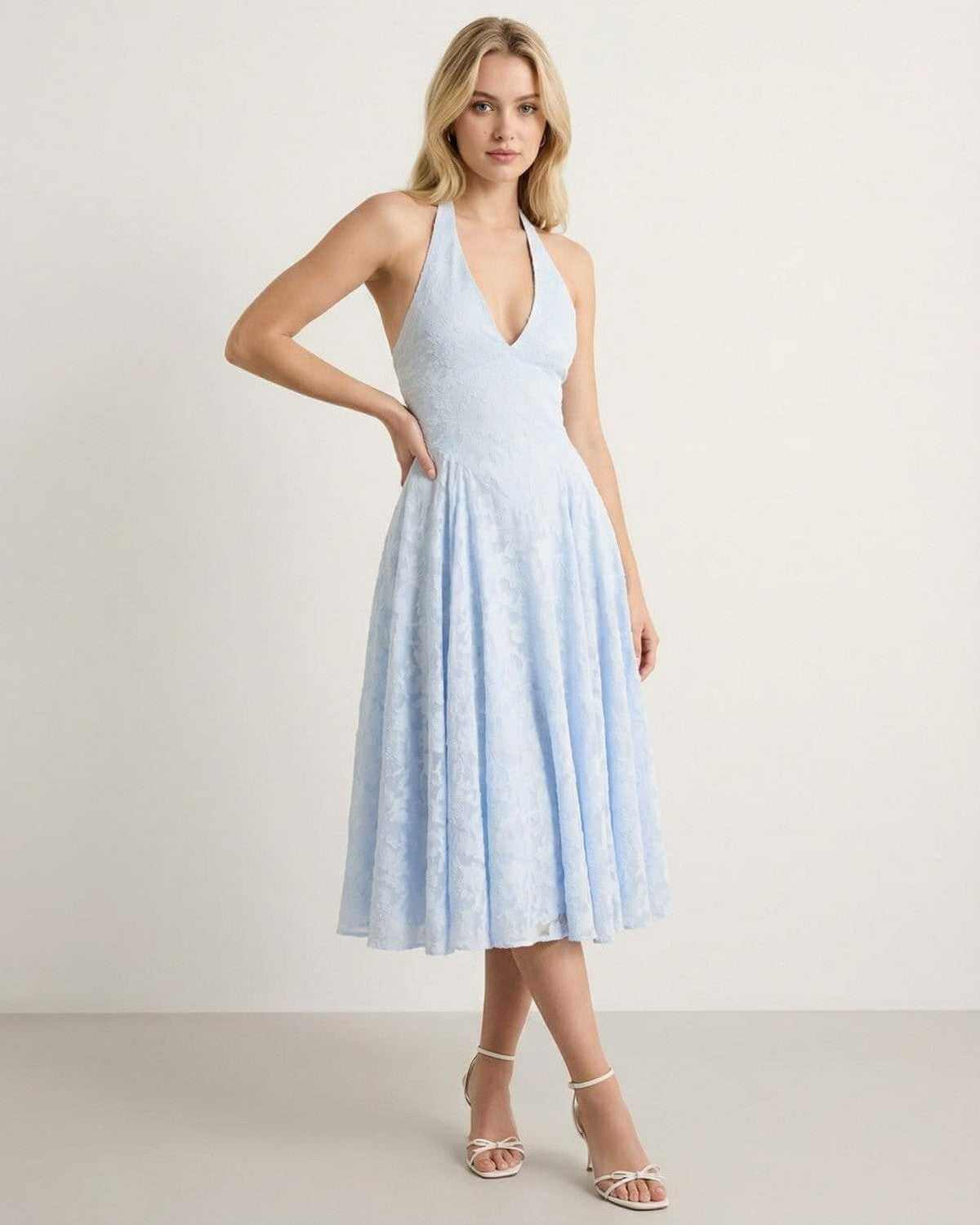 Selene Midi Dress by SLIMONA - Elegant A-line silhouette in soft jacquard texture, featuring a flattering halter neck.