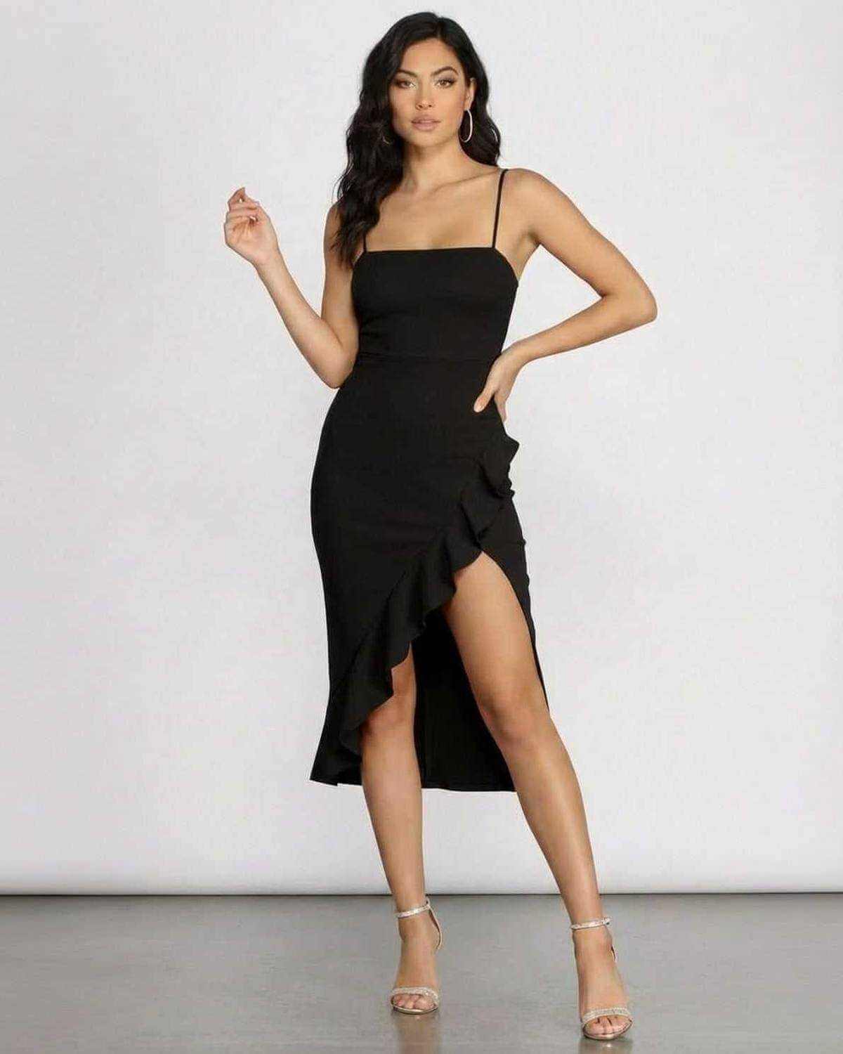 Selene Midi Dress by SLIMONA featuring a sleek silhouette and elegant ruffle slit detail, perfect for evening wear.
