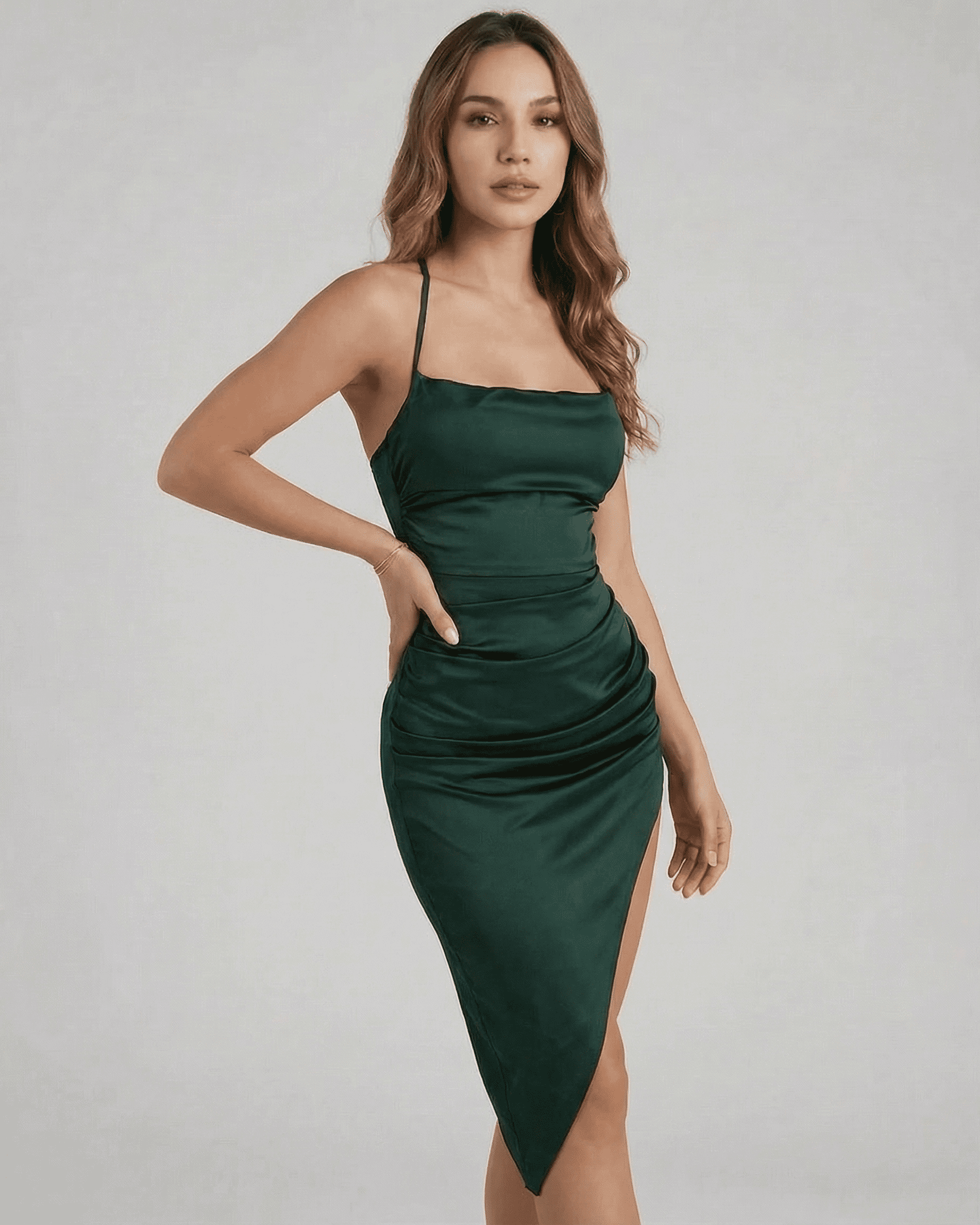 Selene Midi Dress by SLIMONA - Elegant green satin bodycon dress with stylish pleating for sophisticated occasions.