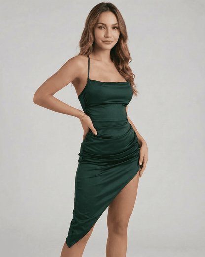 Selene Midi Dress by SLIMONA, sleek satin silhouette with elegant pleating, perfect for sophisticated occasions.