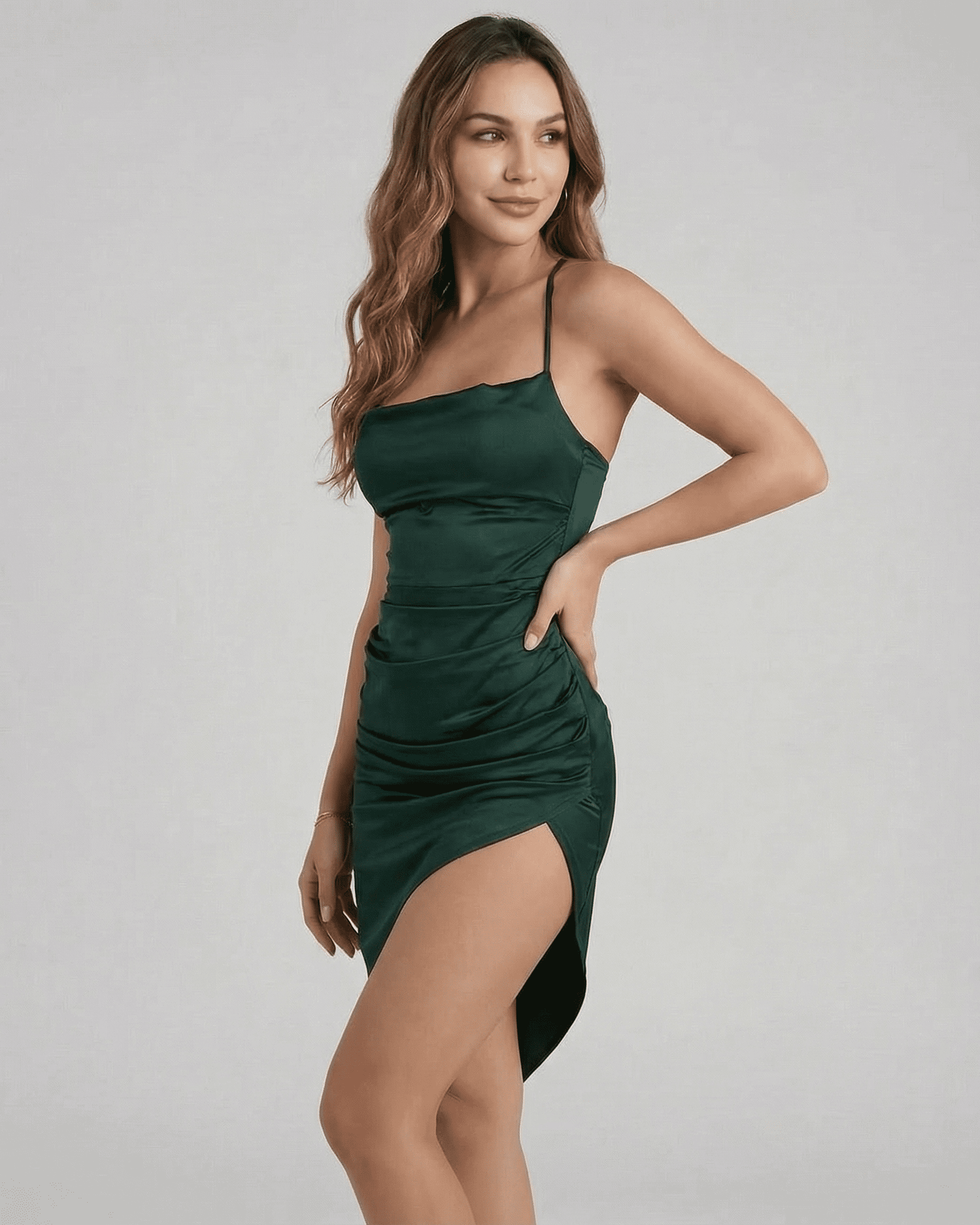 Selene Midi Dress by SLIMONA in elegant green satin for sophisticated occasions, showcasing a flattering silhouette and chic style.