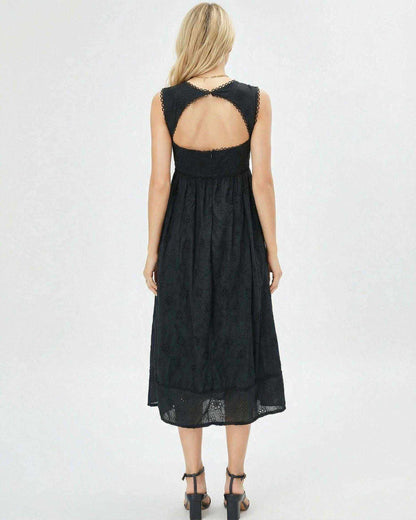 Back view of the Selene Midi Dress by Lauven, featuring a lace-trimmed square neck and flattering empire waist.