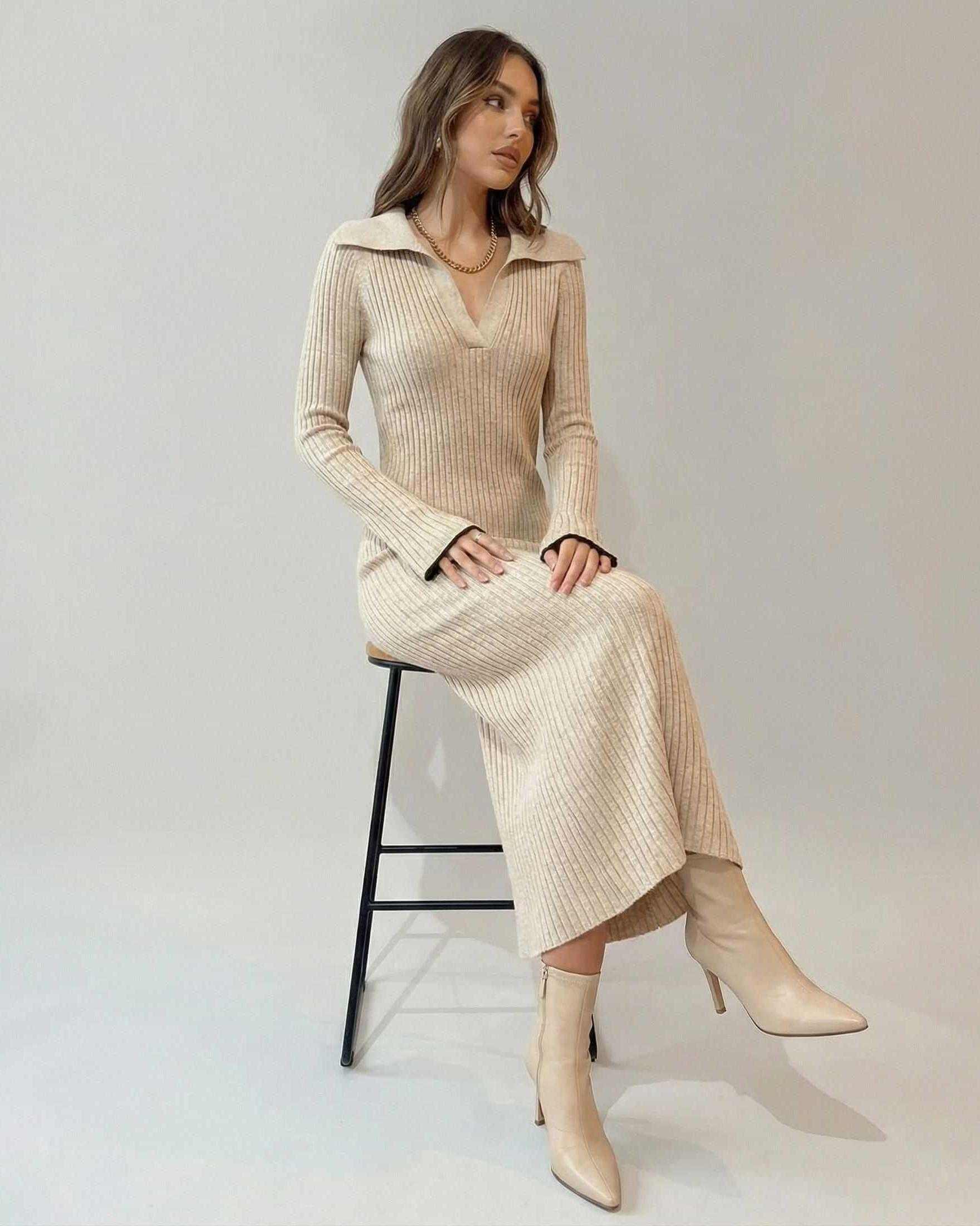 Selene Midi Dress by Lauven, a ribbed knit V-neck dress styled with ankle-length elegance.