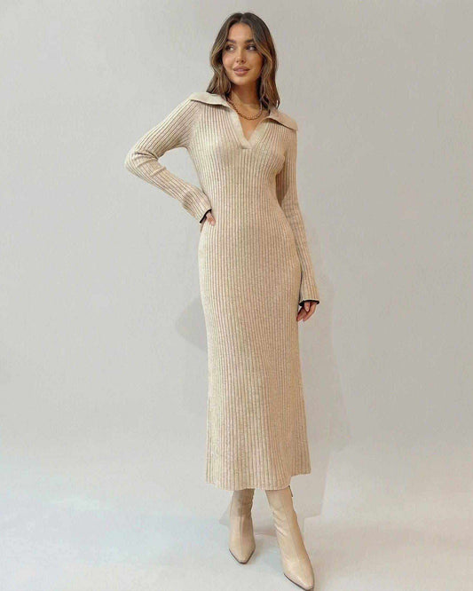Selene Midi Dress by Lauven featuring a ribbed knit V-neck A-line silhouette in a soft beige color.