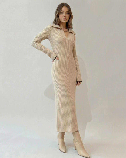 Selene Midi Dress by Lauven featuring a ribbed knit V-neck A-line silhouette, perfect for modern elegance.