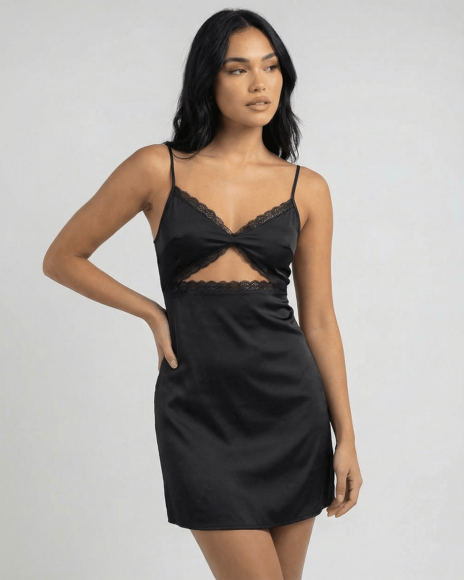 Selene Mini Dress by Lauven, black lace trim spaghetti strap mini dress with a sleek fit and vintage-inspired detailing.