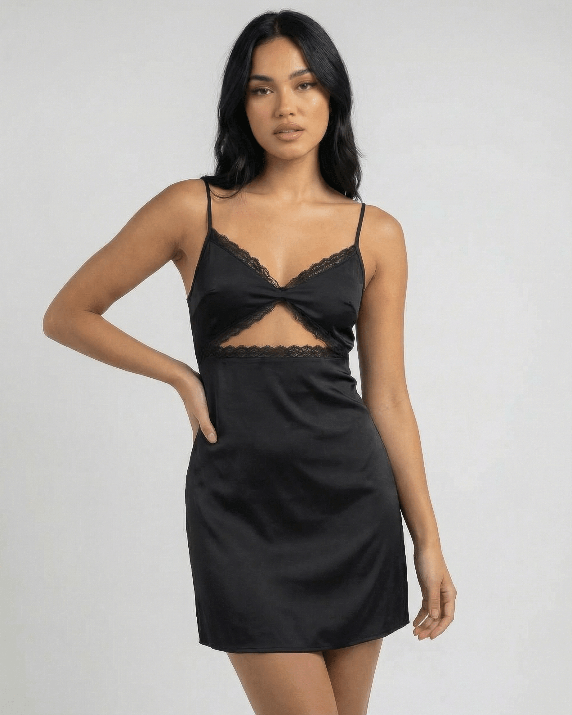 Selene Mini Dress by Lauven - Black lace trim spaghetti strap mini dress with stylish cutout design.