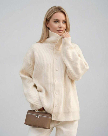 Selene Sweater by Lauven - Women’s ribbed turtleneck button-up sweater in soft cream color.