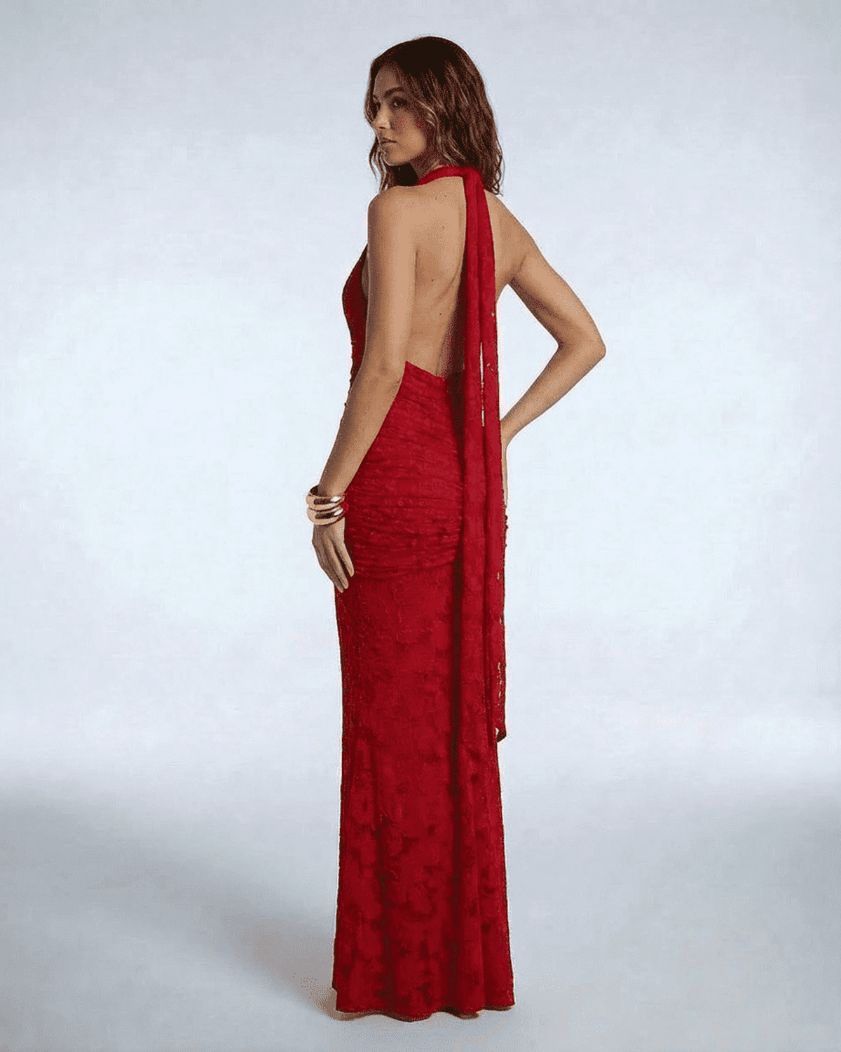 Seraphina Maxi Dress by SLIMONA - Red Jacquard Mermaid Gown with Backless Design and Dramatic Ribbon Tie