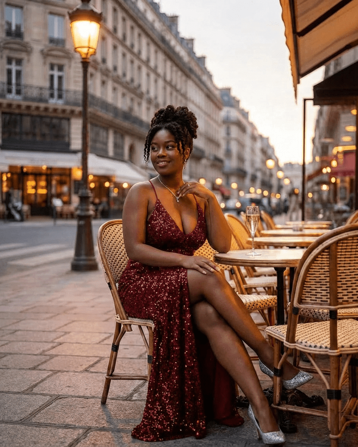 Seren Maxi Dress by SLIMONA, elegant velvet sequin evening dress in deep burgundy worn outdoors.
