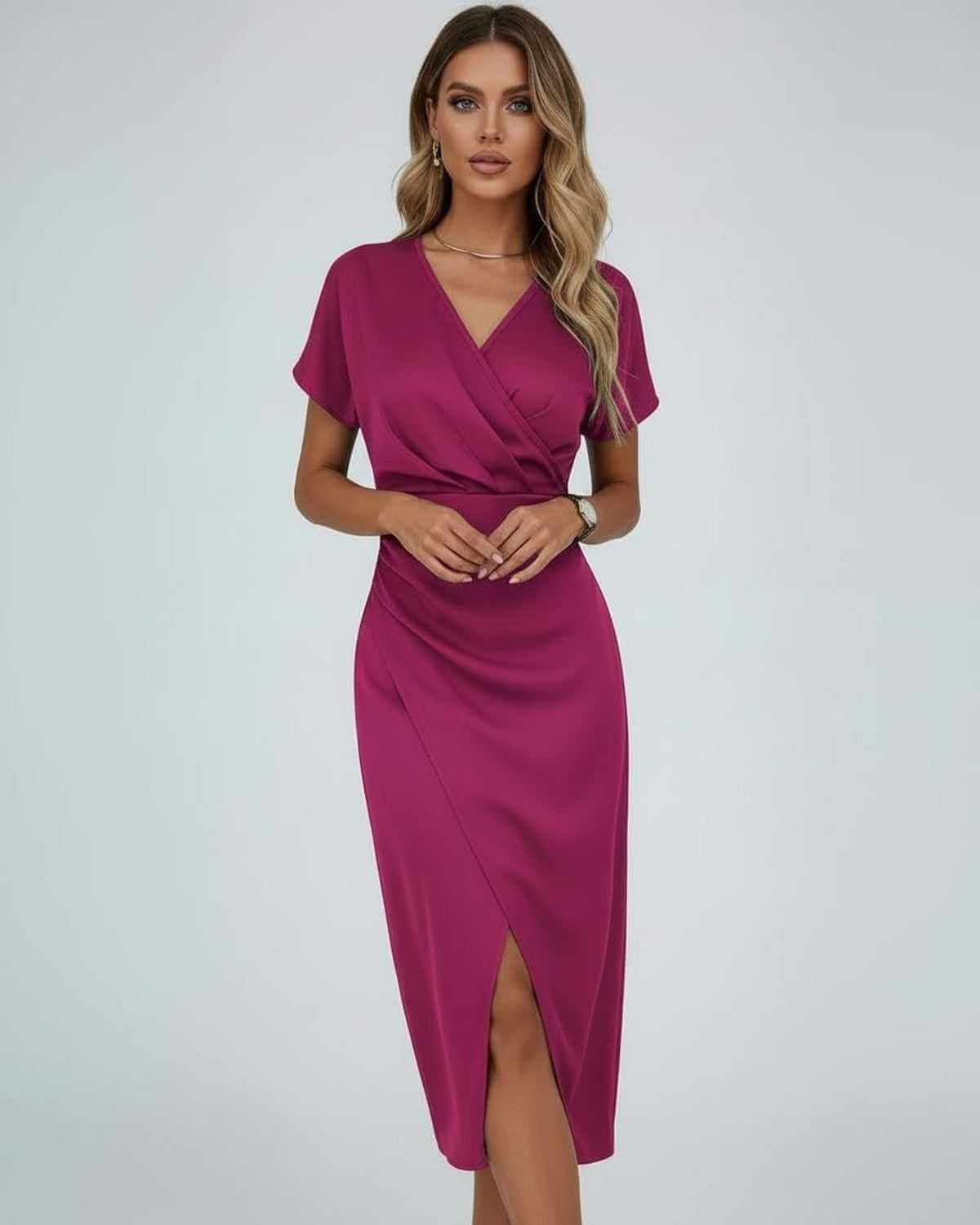 Seren Midi Dress by Lauven – Elegant magenta wrap dress with feminine silhouette and subtle slit.