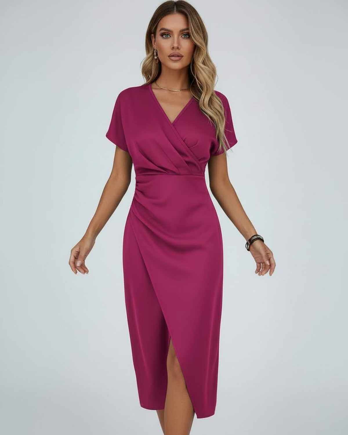 Seren Midi Dress by Lauven - Elegant magenta wrap dress with feminine silhouette and flattering V-neckline.