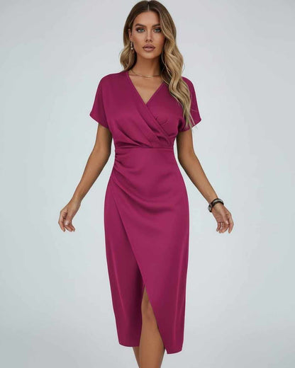 Seren Midi Dress by Lauven - Elegant magenta wrap dress with feminine silhouette and flattering V-neckline.