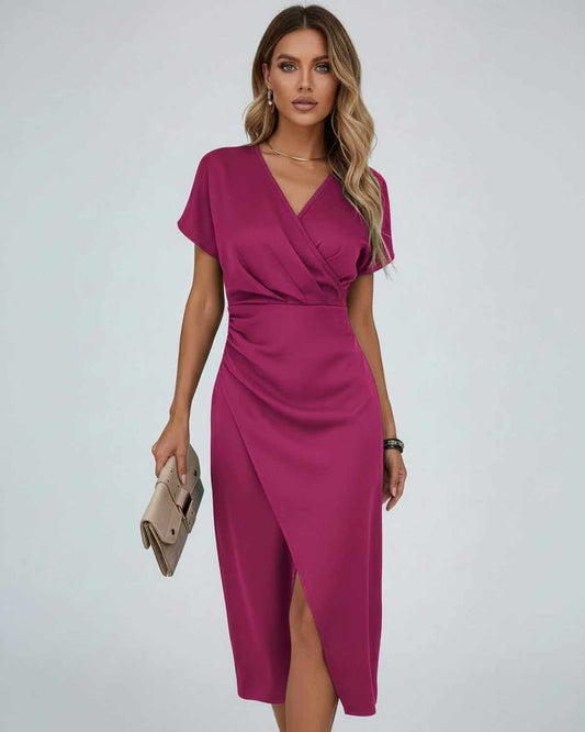 Seren Midi Dress by Lauven in elegant magenta featuring a wrap design and flattering silhouette.