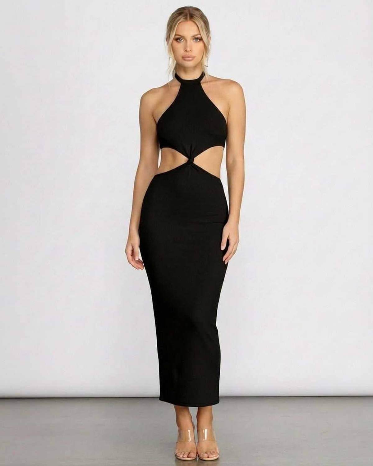 Seren Midi Dress by SLIMONA, sleek black bodycon dress with halter neckline and cut-out design, perfect for special occasions.
