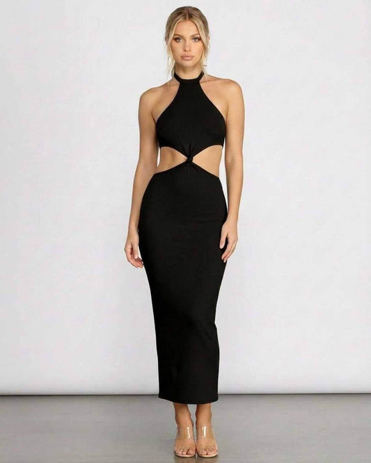Seren Midi Dress by SLIMONA, sleek black bodycon dress with halter neckline and cut-out design, perfect for special occasions.