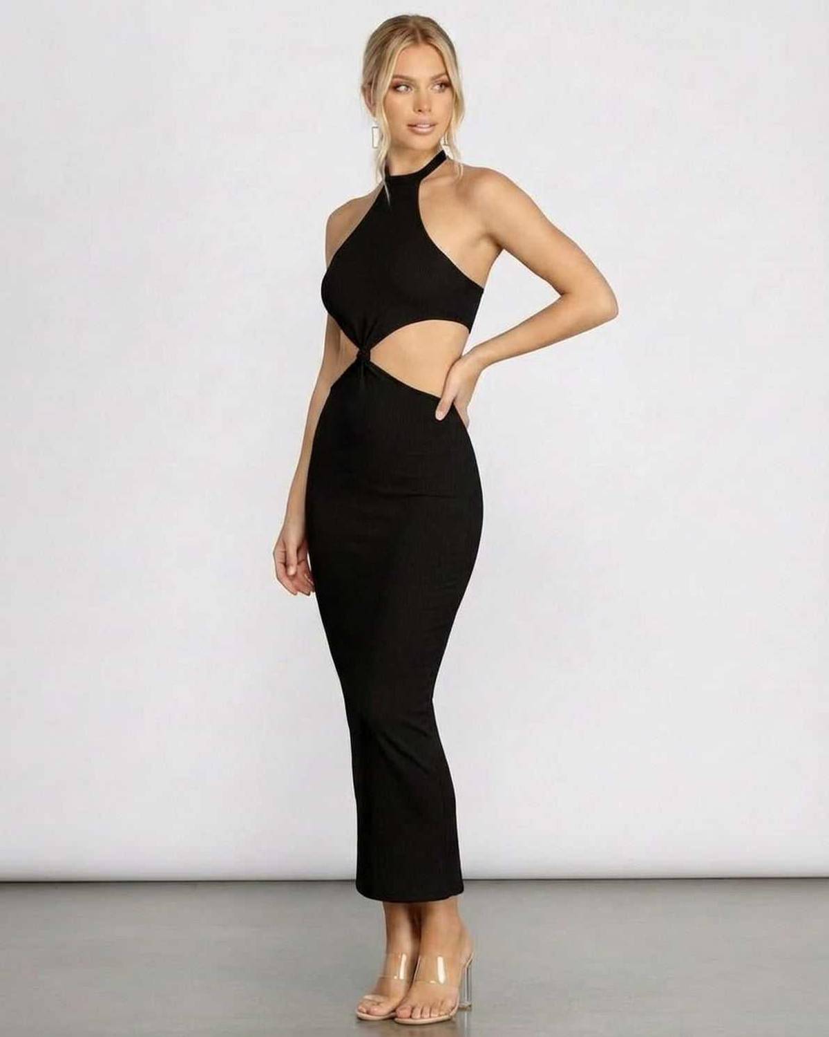Seren Midi Dress by SLIMONA, a black bodycon midi dress with a halter neckline and cut-out design, perfect for special occasions.