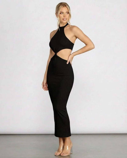 Seren Midi Dress by SLIMONA, a black bodycon midi dress with a halter neckline and cut-out design, perfect for special occasions.