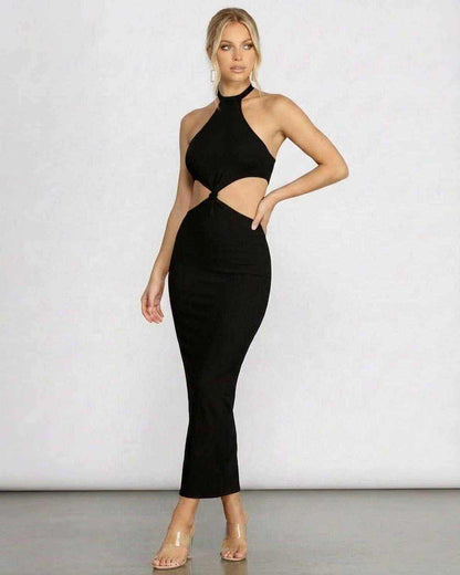 Seren Midi Dress by SLIMONA - Halter Neck Cut Out Bodycon Midi Dress for elegant warm-weather evenings.