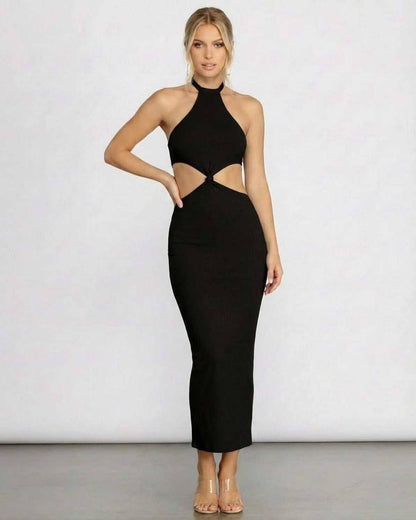 Seren Midi Dress by SLIMONA — Halter neck black bodycon midi dress with cut out details.