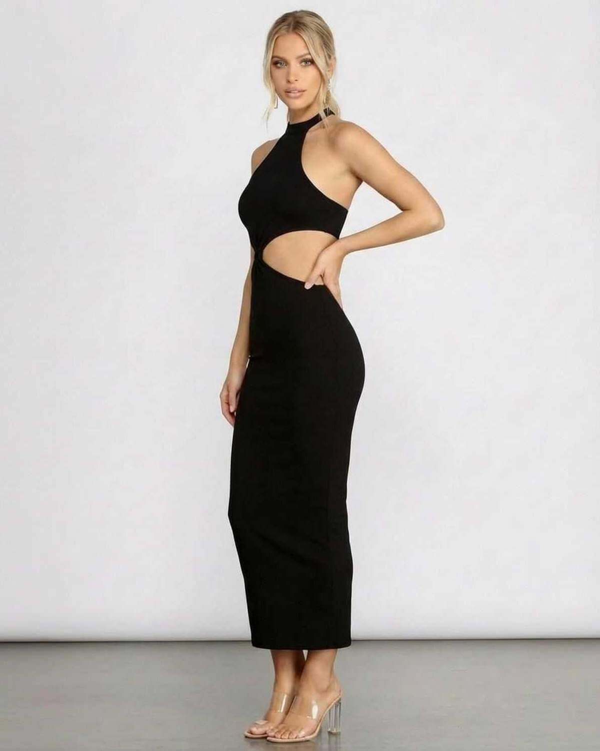 Seren Midi Dress by SLIMONA - Halter neck cutout black bodycon dress perfect for warm-weather occasions.