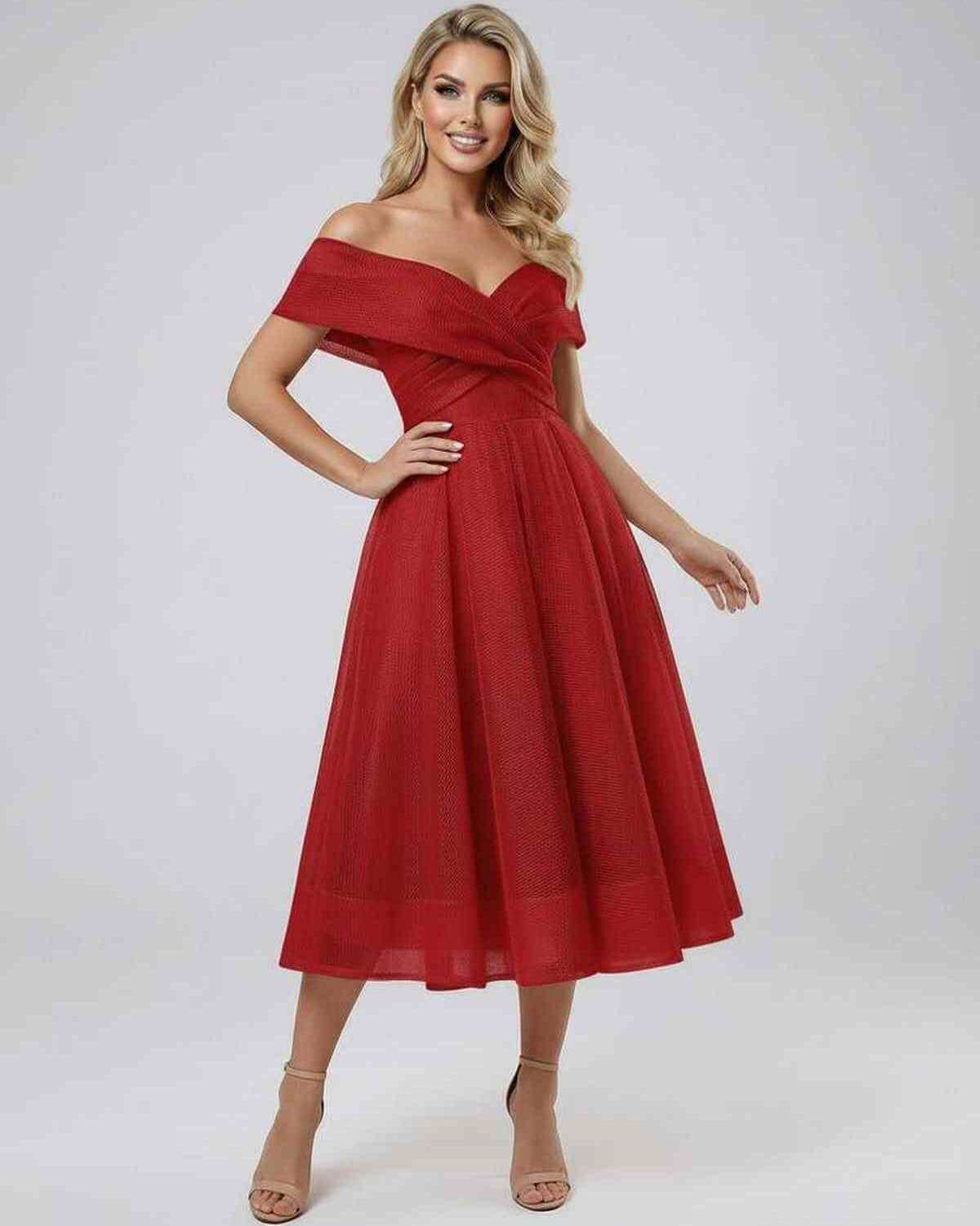 Seren Midi Dress by Lauven - Off shoulder elegant red dress showcasing a flattering silhouette and flowing chiffon skirt.