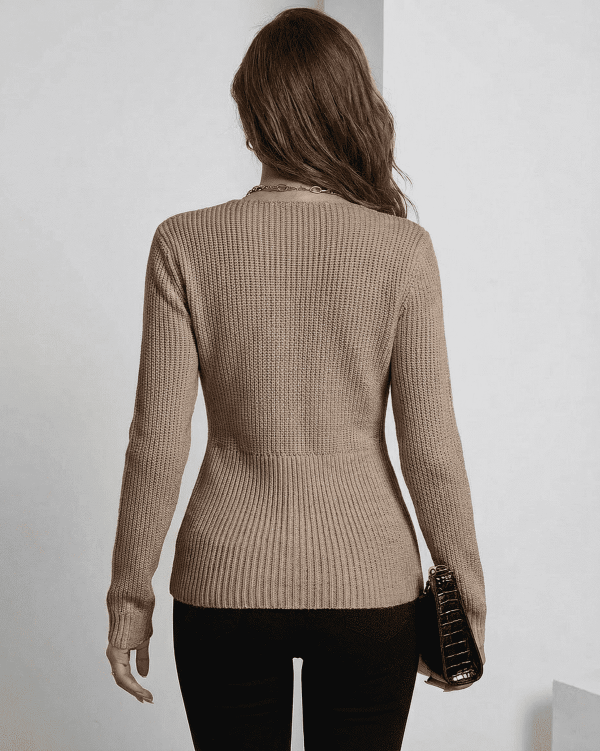 Seren Pullover by SLIMONA, elegant taupe ribbed sweater, slim fit V-neck, perfect for work and casual styling.