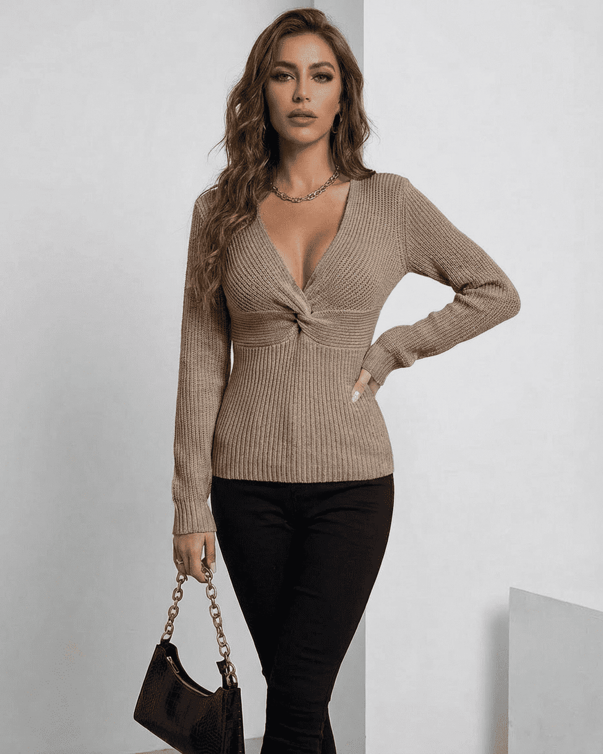 Seren Pullover by SLIMONA - Elegant ribbed slim fit V-neck sweater in taupe, perfect for workwear and casual styling.
