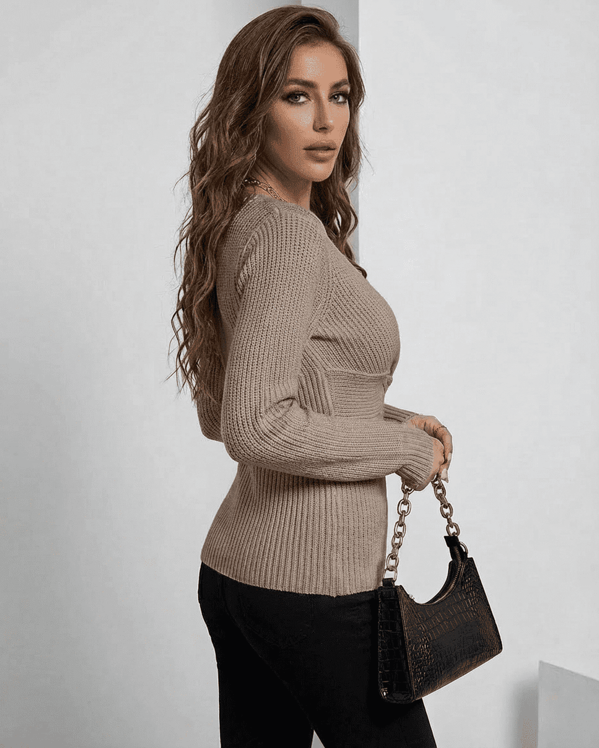 Seren Pullover - Elegant ribbed slim fit V-neck sweater in taupe by SLIMONA, perfect for work or casual wear.