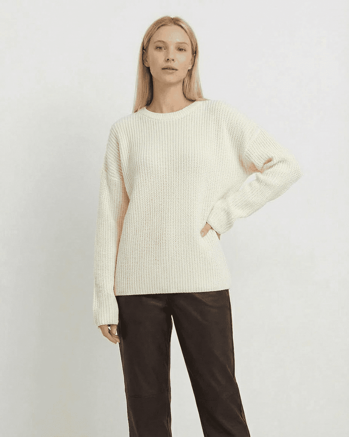 Seren Sweater by SLIMONA - Loose fit thick ribbed knitwear in soft ivory with long sleeves and round neck.