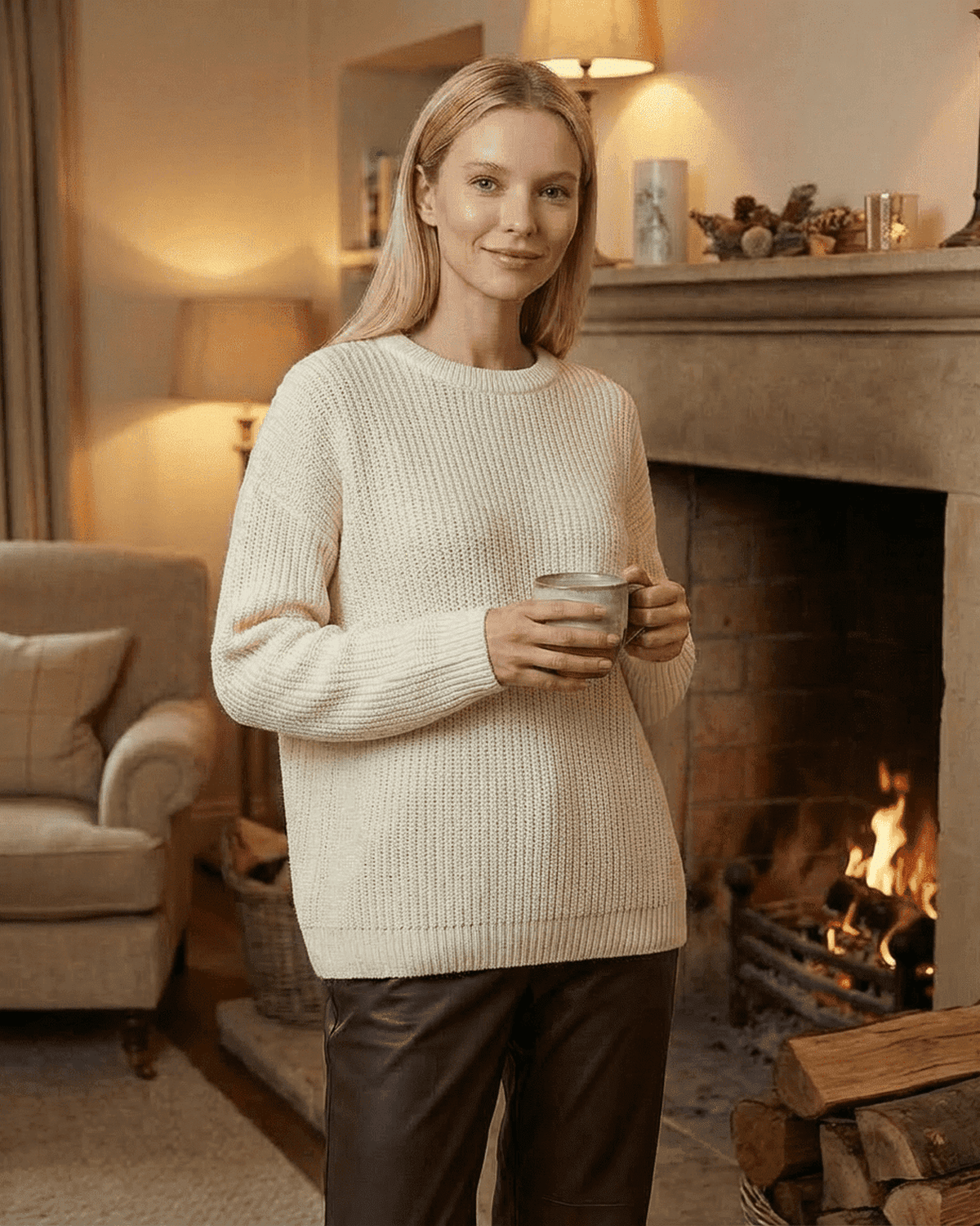 Seren Sweater by SLIMONA, loose fit thick ribbed knitwear in ivory, perfect for cozy fall and winter days.