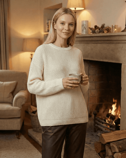 Seren Sweater by SLIMONA, loose fit thick ribbed knitwear in ivory, perfect for cozy fall and winter days.