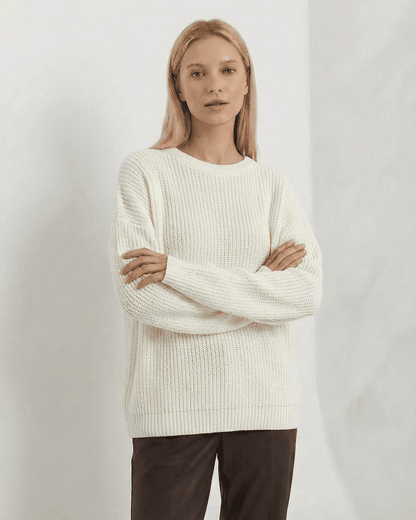 Seren Sweater from SLIMONA, a loose fit thick ribbed knit in ivory, perfect for cozy fall and winter days.