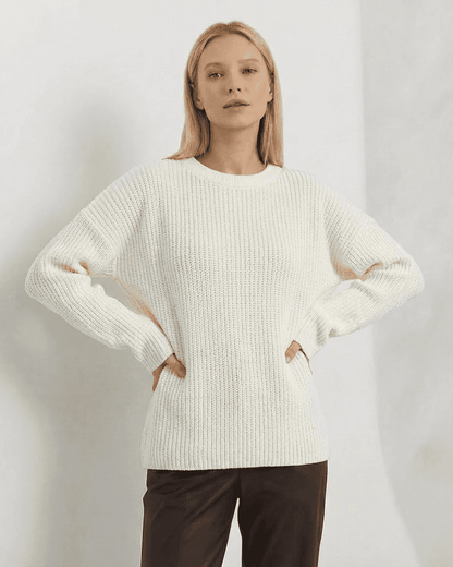 Seren Sweater by SLIMONA, luxurious loose fit thick ribbed knitwear in ivory, perfect for cozy fall and winter days.