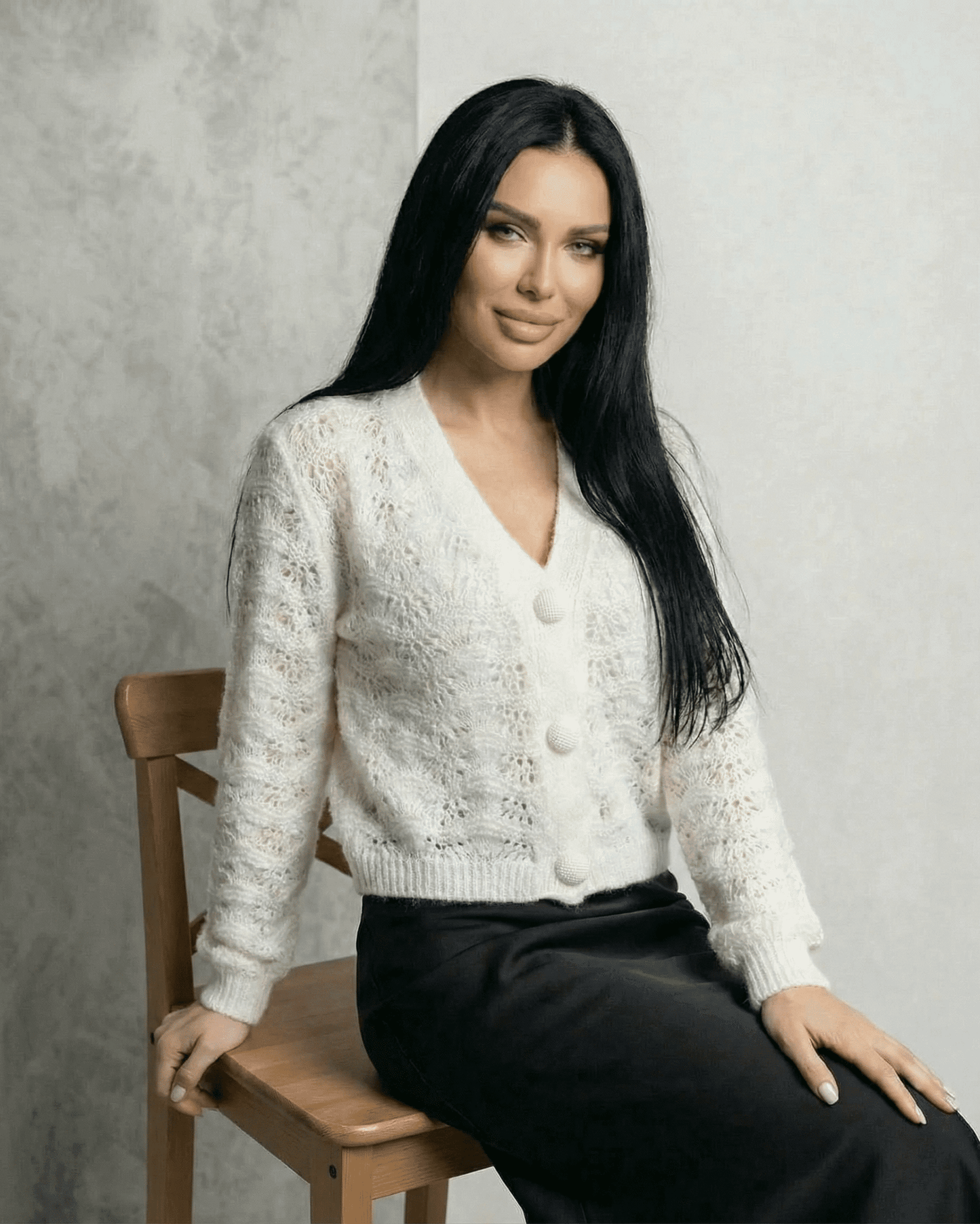 Serena Cardigan by SLIMONA, a lace knit V-neck button front cardigan styled with elegance and grace.