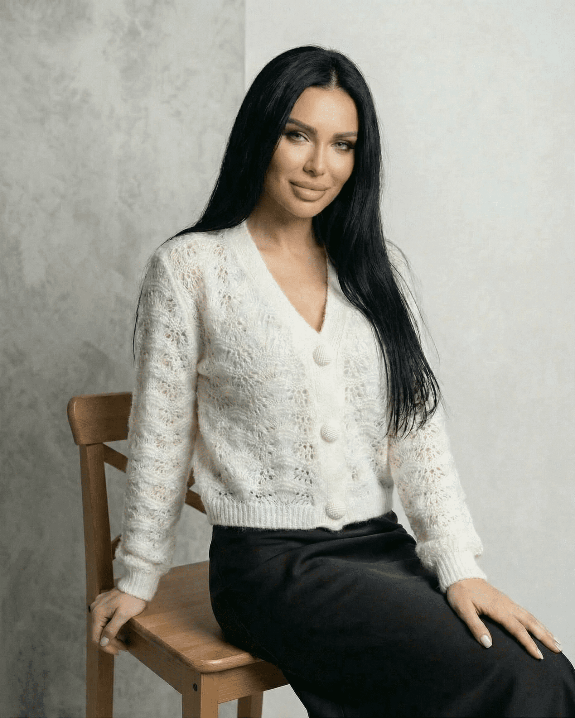 Serena Cardigan by SLIMONA, a lace knit V-neck button front cardigan styled with elegance and grace.