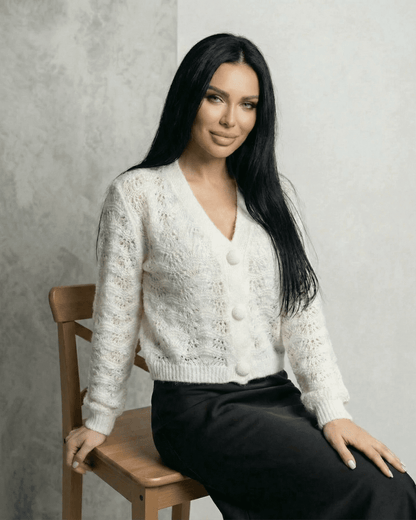 Serena Cardigan by SLIMONA, a lace knit V-neck button front cardigan styled with elegance and grace.