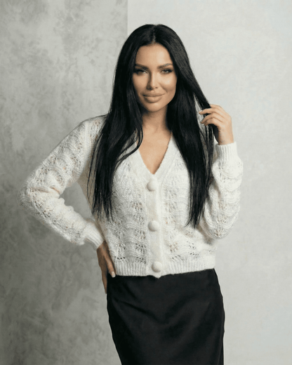 Serena Cardigan by SLIMONA; elegant lace knit V-neck cardigan with button front design for stylish women.
