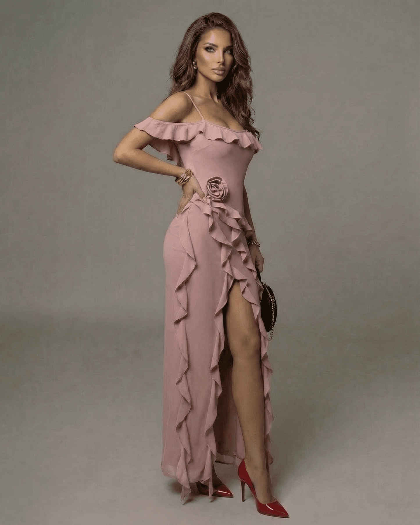 Serena Maxi Dress by SLIMONA, a blush pink ruffle ankle-length dress with off-shoulder design.