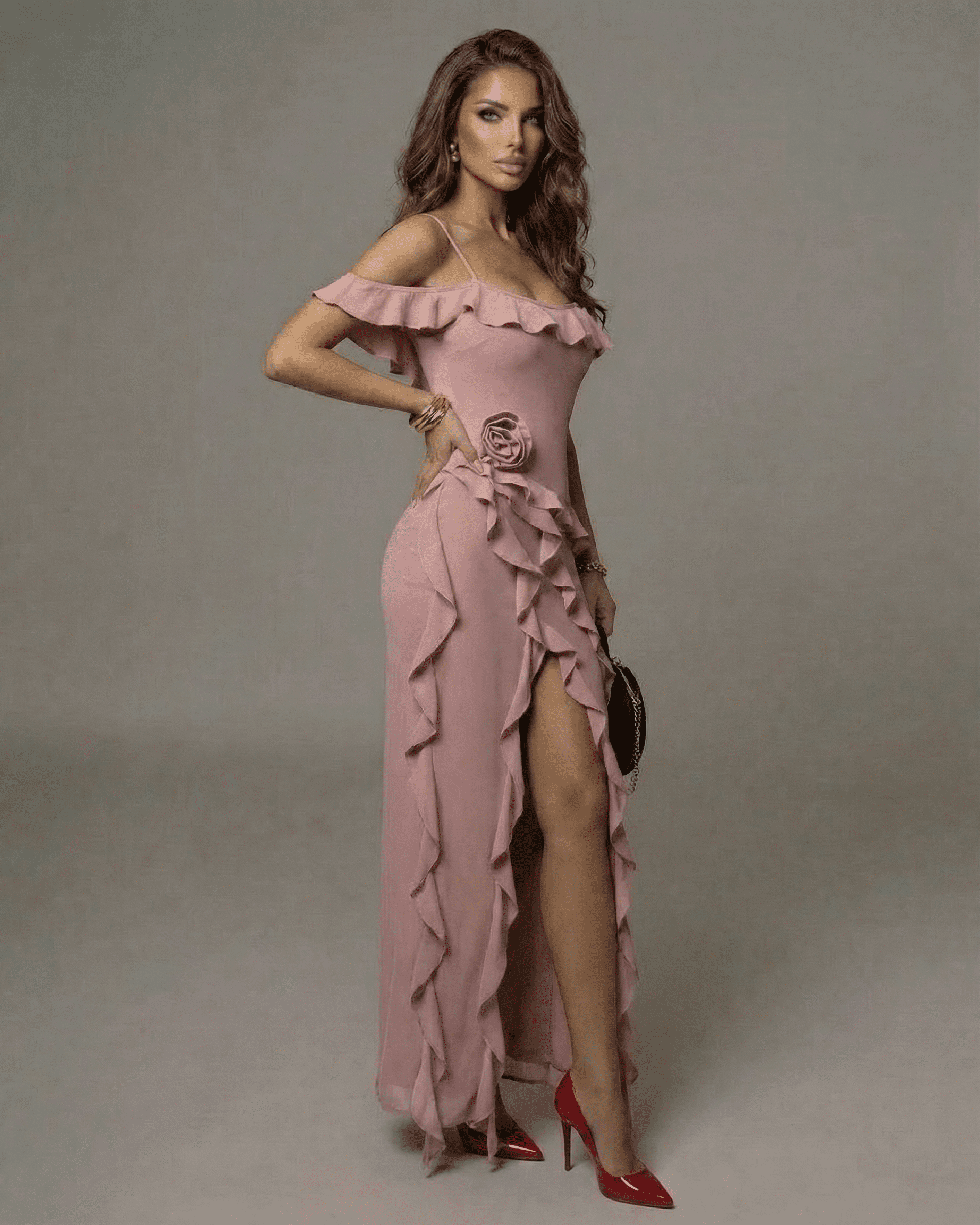 Serena Maxi Dress by SLIMONA, a blush pink ruffle ankle-length dress with off-shoulder design.