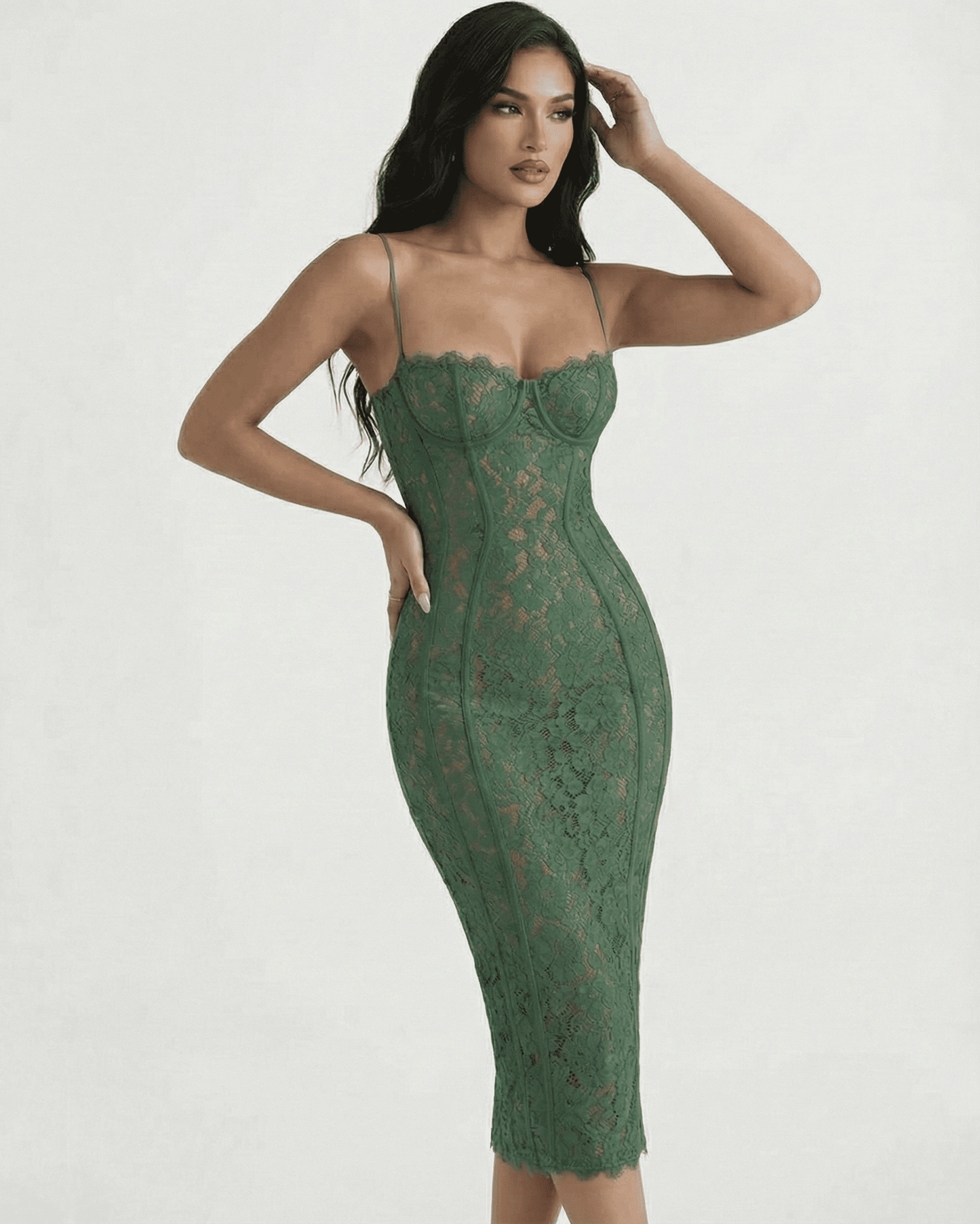 Siena Midi Dress by SLIMONA - Elegant lace sheath with a sculpting high waist in green.