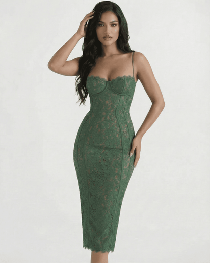 Siena Midi Dress - Elegant green lace sheath by SLIMONA, designed to flatter with a sculpting high waist silhouette.
