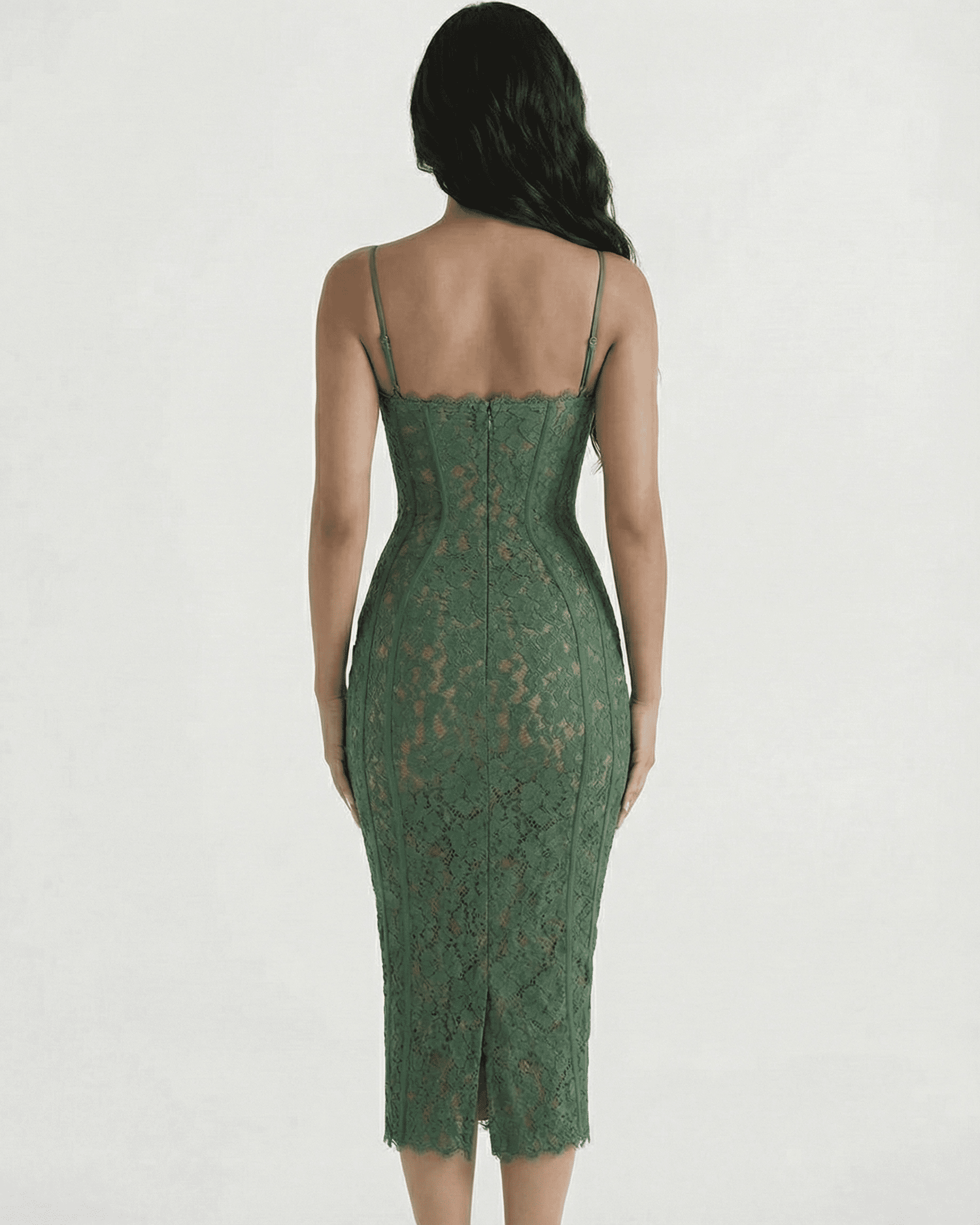 Siena Midi Dress by SLIMONA, showing the back view of a green lace sheath dress with high waist.